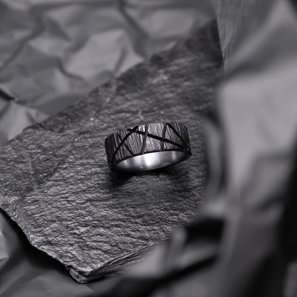 wide textured ring for men in ultra black silver