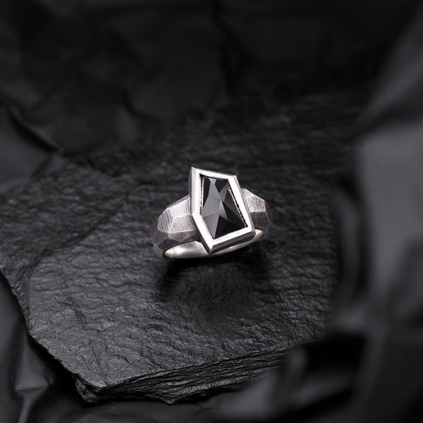 solid black silver ring for men with pentagonal black onyx
