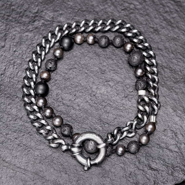two-turn bracelet in black silver and black pearls