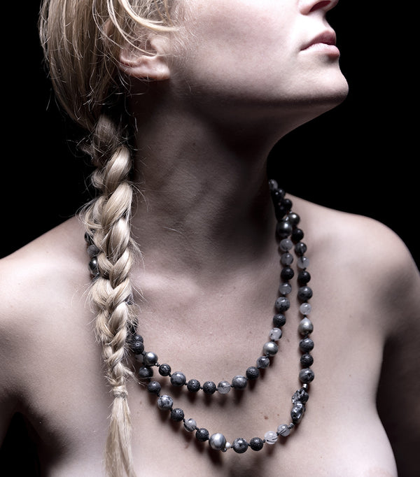 long necklace in tahitian pearls, lava, quartz and silver