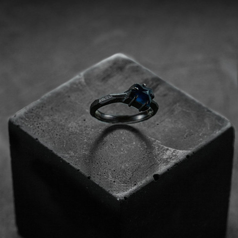 Engagement ring, solitaire, black gold and blue sapphire, faceted ring, contemporary design. Custom made, unique piece. 
