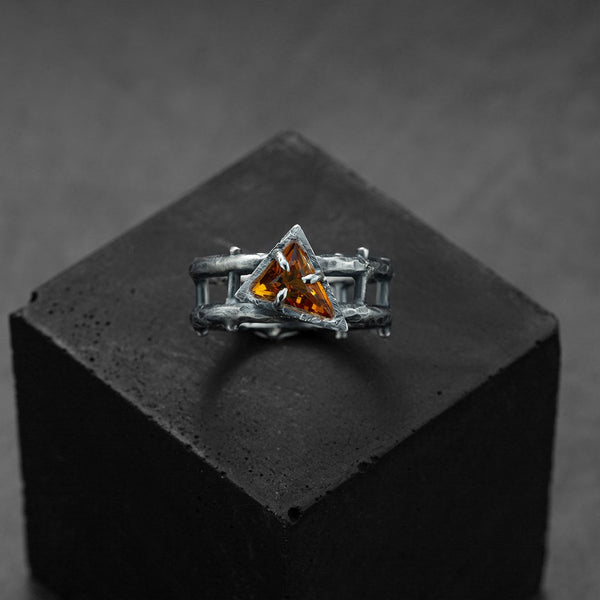 black silver ring, unique piece, contemporary design, central stone madeira citrine in triangle.