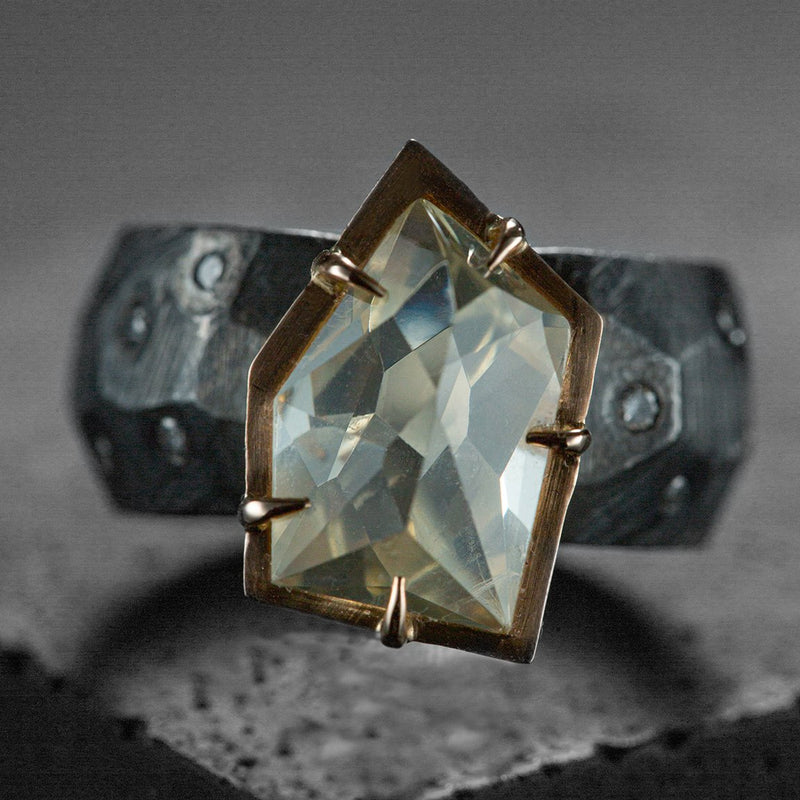 unique ring, in black silver and red gold, citrine and white diamonds. Ultra contemporary design