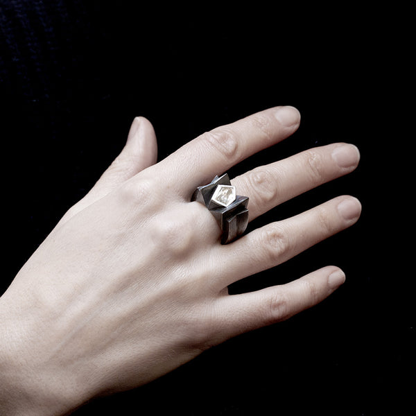 massive black silver ring for women with milky pentagonal citrine