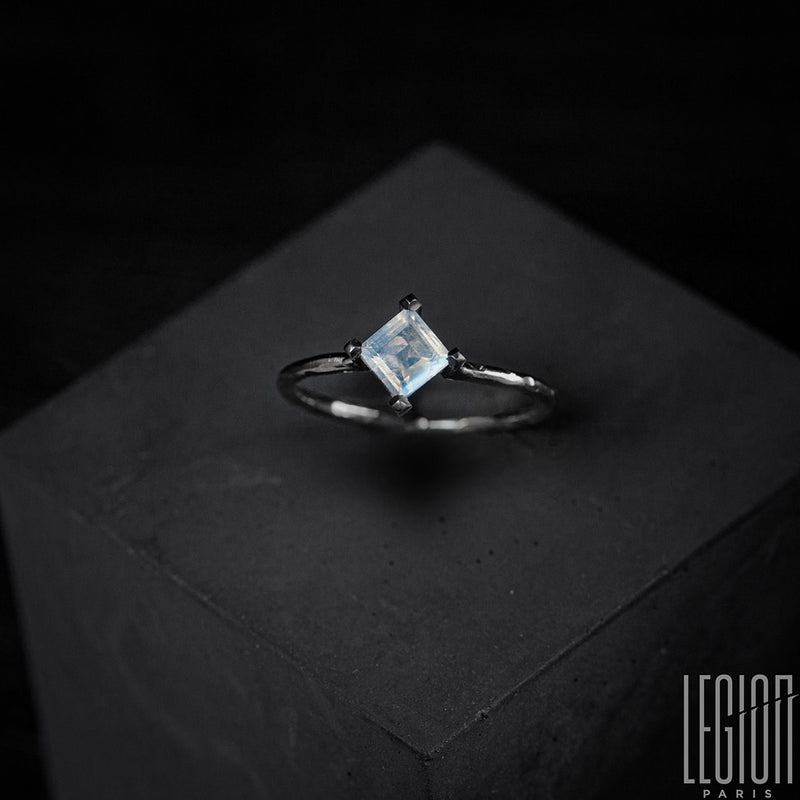 white gold ring with square moonstone