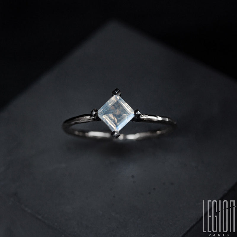Close-up of a square moonstone with a white gold ring body
