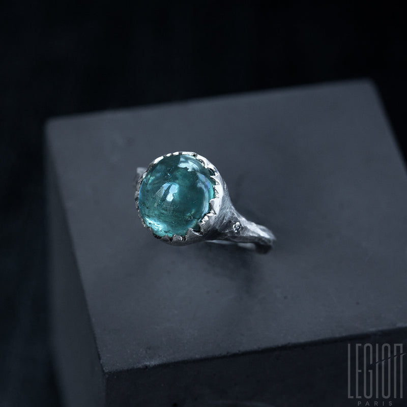925 black silver Legion Paris ring with an indicolite tourmaline center stone and two grey diamonds 