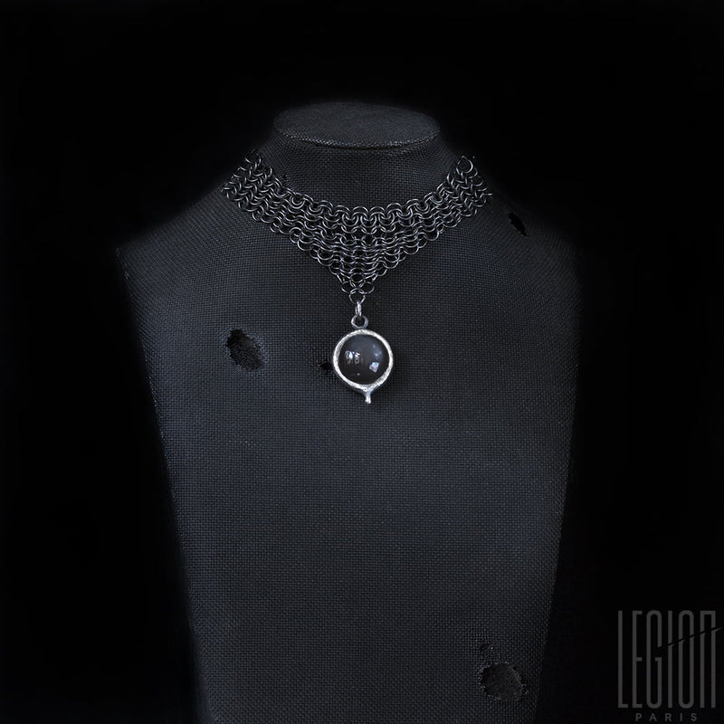 LEGION PARIS necklace on black bust in black silver 925 in chainmail and grey moonstone