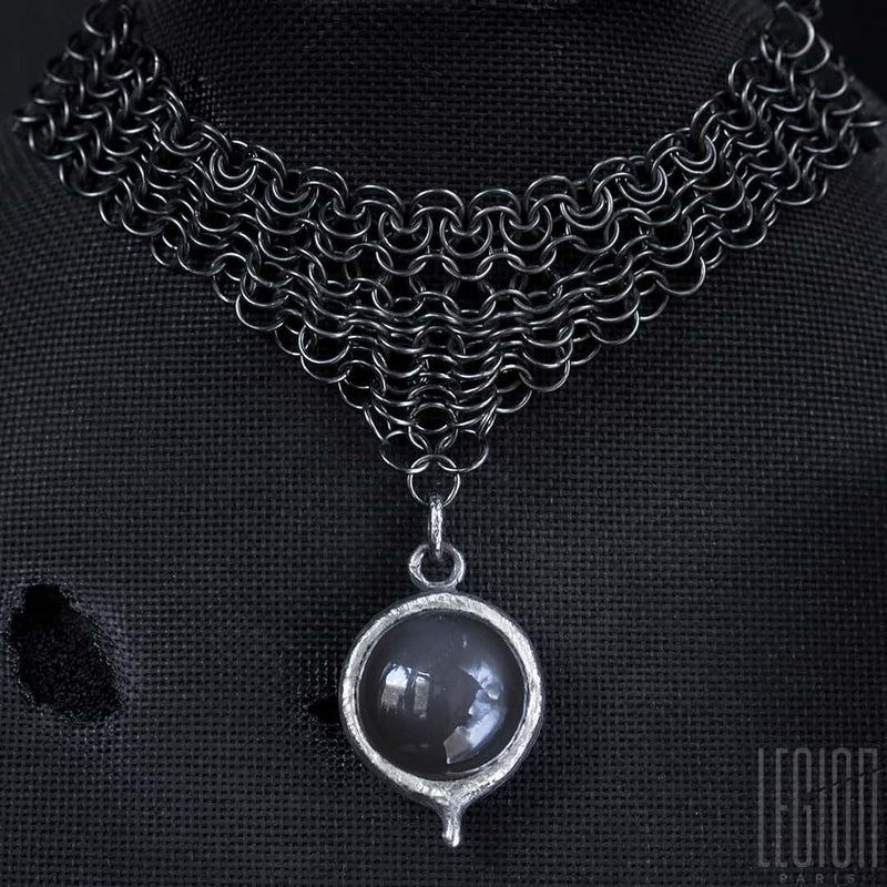 LEGION PARIS necklace in black silver 925 with grey moonstone