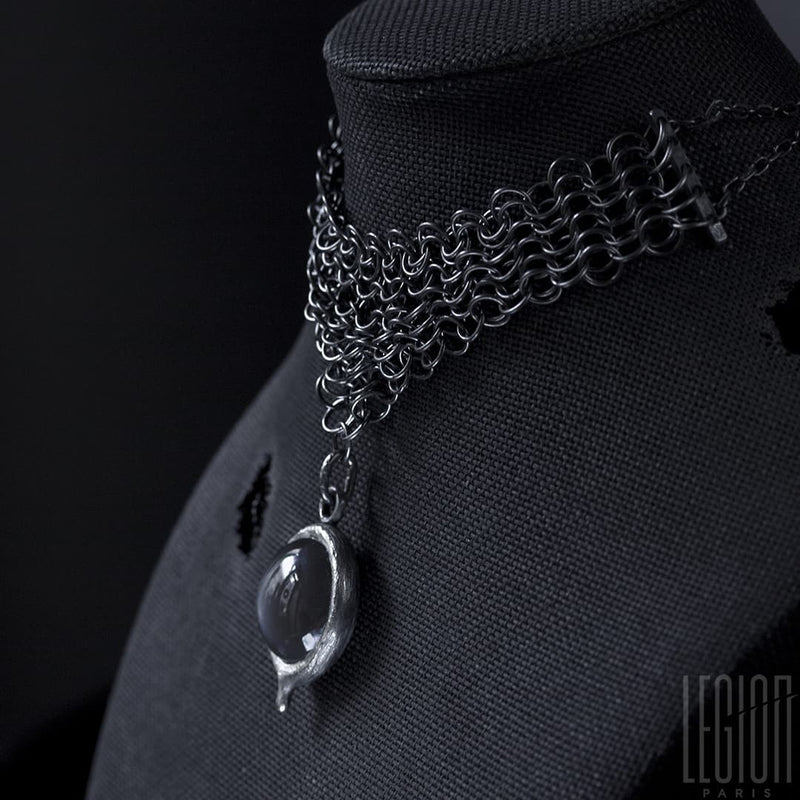 side view of a 925 black silver chainmail necklace with a grey moonstone