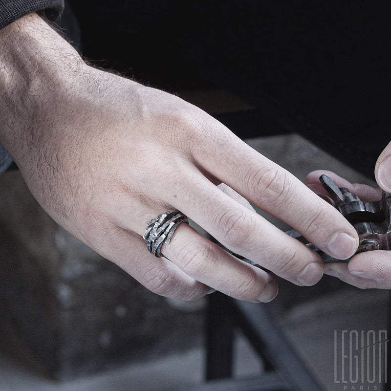 solid black textured silver ring